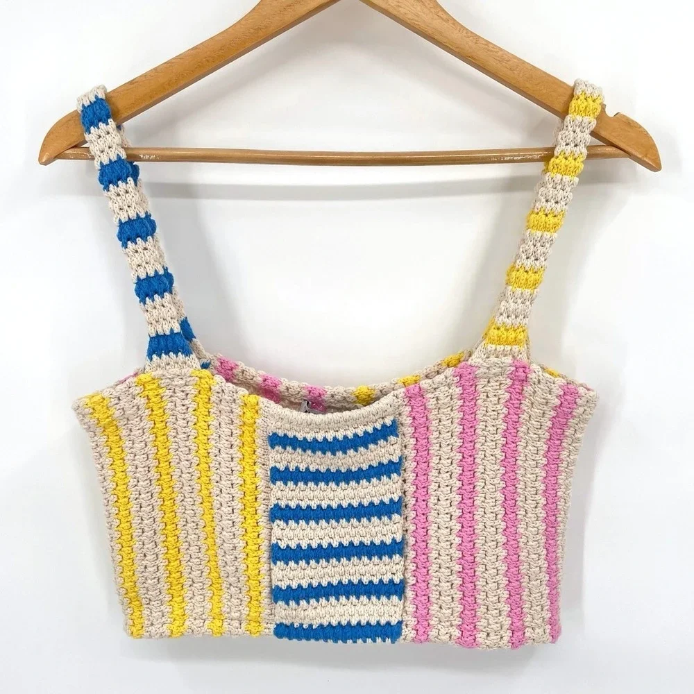 Zara Womens Medium‎ Crochet Knit Crop Top Tank Multicolor Striped Beachwear NWOT
